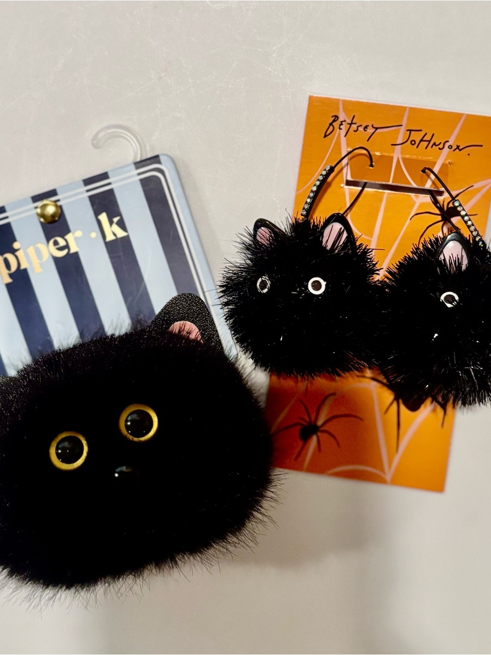 Piper K fuzzy black cat hair claw clip / Betsey Johnson black cat pom earrings